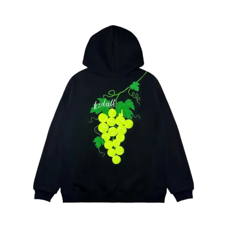 原创设计美式高街潮绿葡萄网球印花连帽卫衣帽衫秋冬加绒男