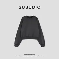  SUSUDIO 100棉 秋季廓形圆领拉毛破坏长袖纯色卫衣 60037