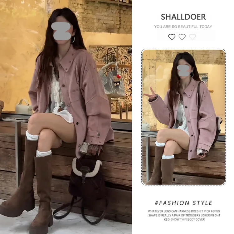 韩系慵懒风铆钉牛仔衬衫外套女2025春秋新款宽松显瘦夹克开衫上衣