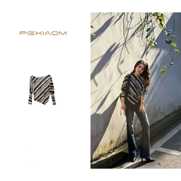 【PGXIAOM】润秀定制黑色复古斜肩不规则蝙蝠袖条纹上衣SY4424