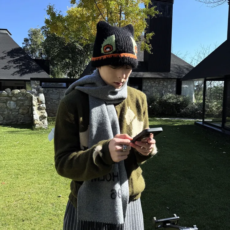 韩系慵懒风提花牛角扣针织开衫男女秋冬宽松百搭长袖毛衣外套