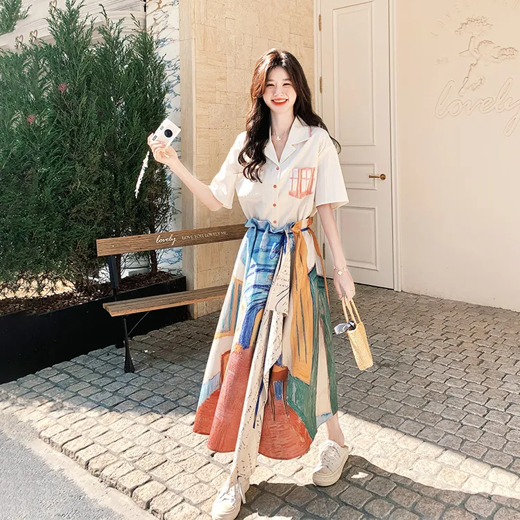 复古刺绣衬衫油画不规则半身裙套装女夏2025新款两件套爆款高级感