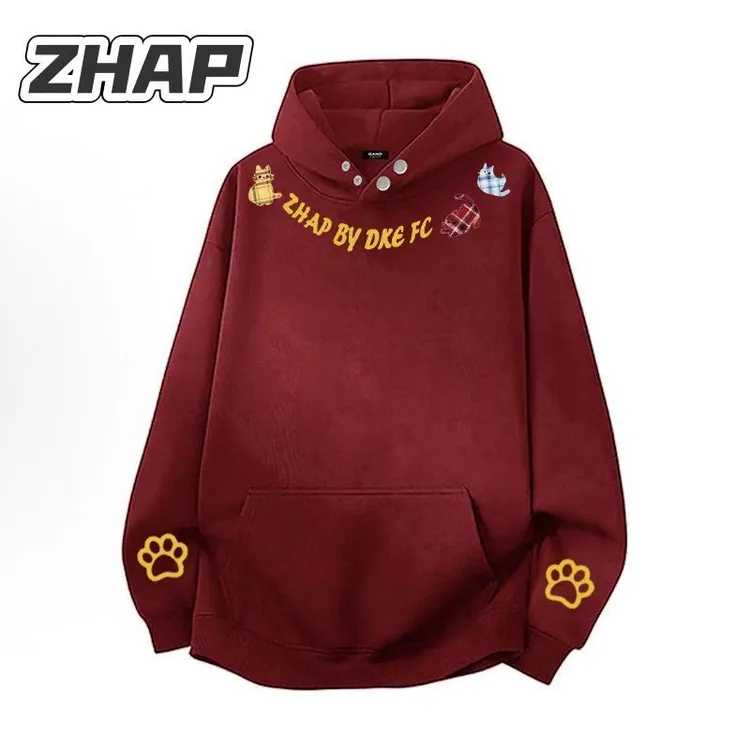 【ZHAP】重磅纽扣连帽卫衣女秋冬款酒红色美式复古通勤加绒加厚上衣