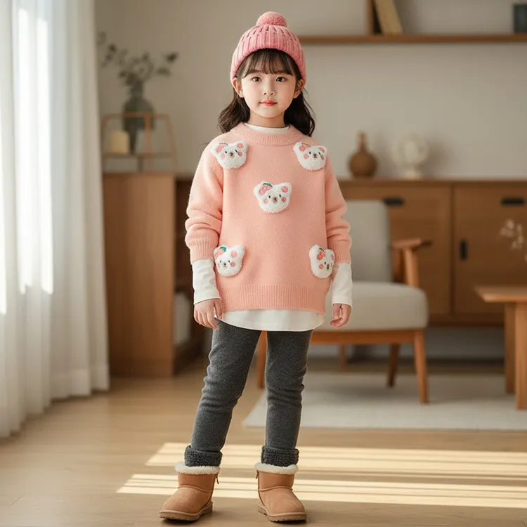 儿童毛衣女童宝宝粉色红衣服2025秋冬时髦毛衣洋气上衣加绒保暖 