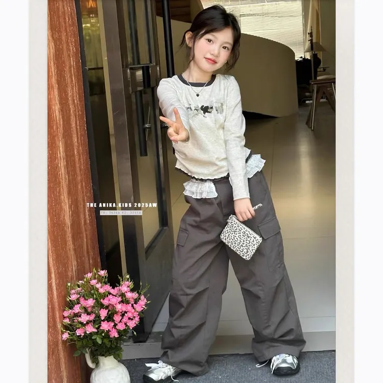 韩版新款女童2025秋季木耳边长袖T恤工装蕾丝花边休闲工装裤套装