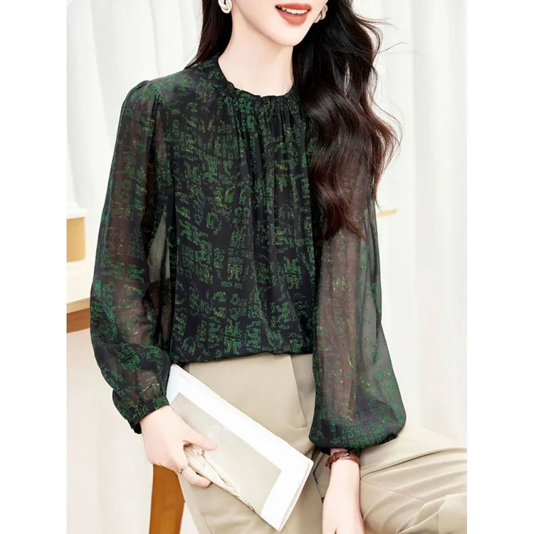 9800春秋季新款气质宽松立领印花衬衣时尚简约小众长袖上衣女