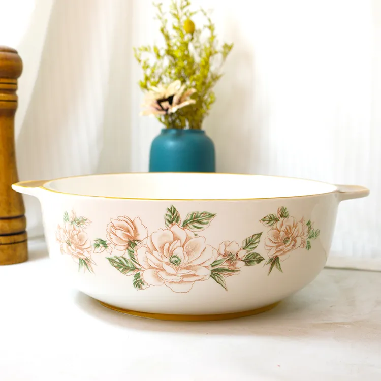 山茶花10.5英寸双耳陶瓷大汤碗大号家用陶瓷家用餐具大碗A228