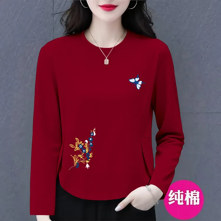 纯棉时尚气质百搭长袖t恤女春秋季新款大码显瘦遮肚减龄休闲上衣
