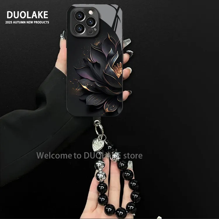 暗黑金莲适用苹果vivo华为oppo小米iPhone17电镀玻璃防摔手机壳潮