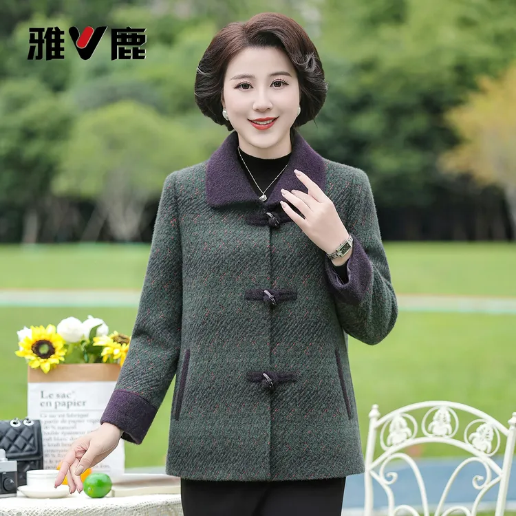 雅鹿女装秋冬款新中式时尚洋气胖妈妈气质加大码毛呢外套D5107