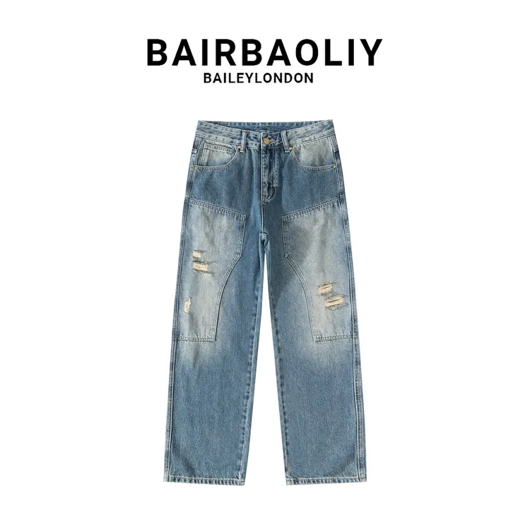 BAIRBAOLIY潮牌工装磨烂拼接重磅牛仔裤新款男士简约直筒休闲长裤