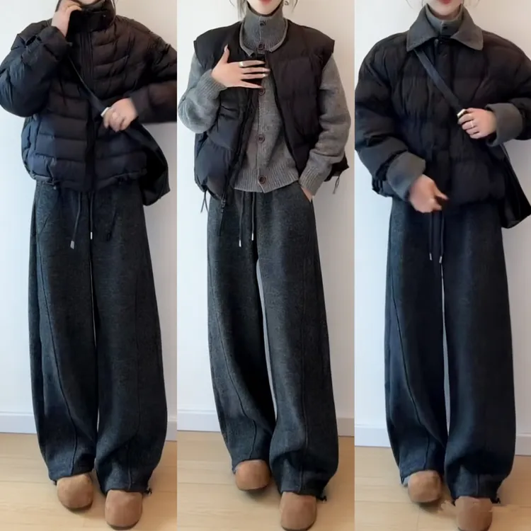 【正版原版➕高货品质】羊绒毛呢冬加绒加厚阔腿裤女高腰垂感弯刀裤