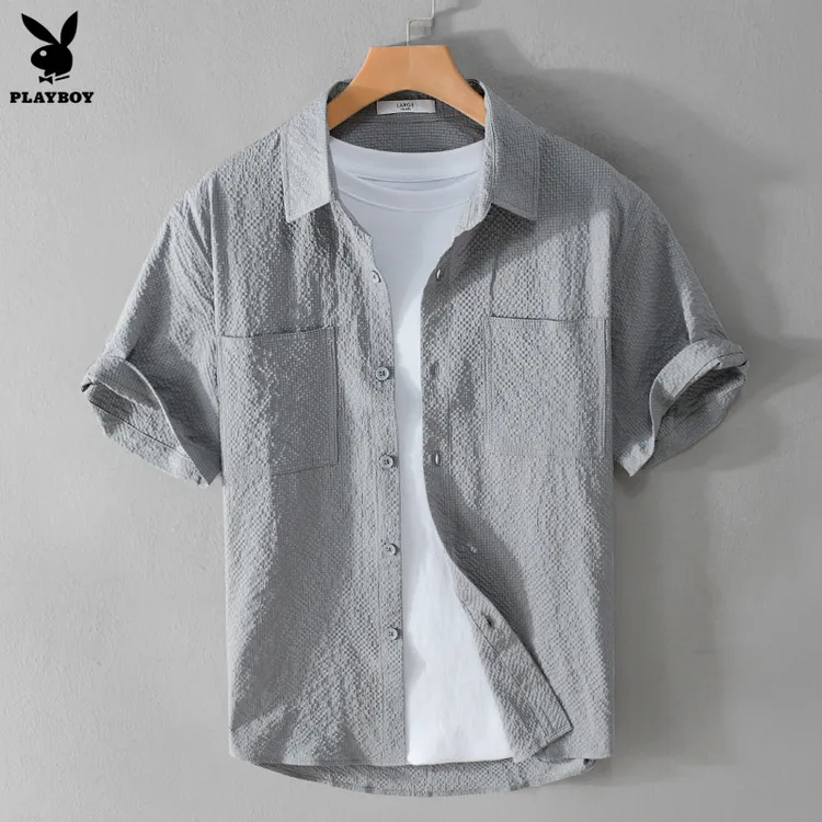 PLAYBOY花花公子夏季男装薄款短袖衬衫潮流气泡肌理舒适百搭青年