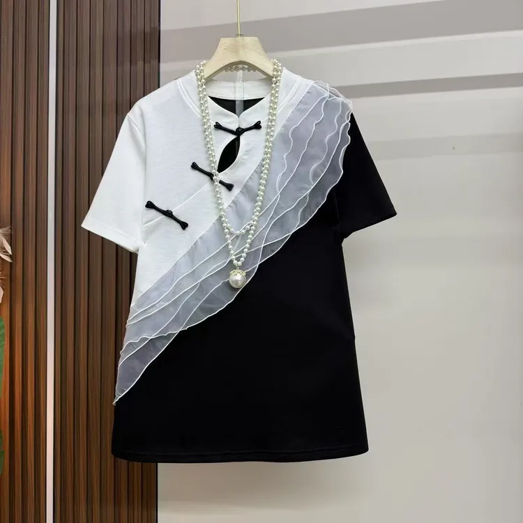 2025新中式时尚盘扣气质拼接蕾丝撞色休闲百搭T恤裙683