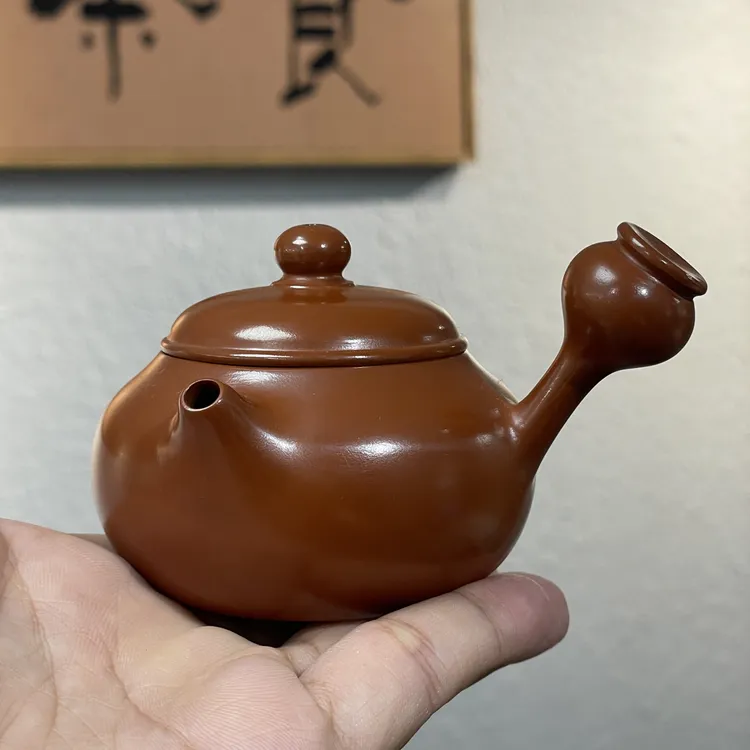 高工水磨芙蓉侧把 朱泥全手工潮州手拉壶薄胎卡盖功夫茶器侧把壶