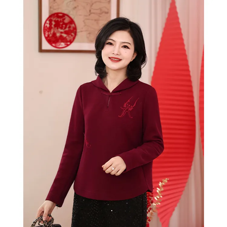 枫竺阿楠anan  红色绣花长袖新中式国风连帽卫衣女款秋冬短款上衣