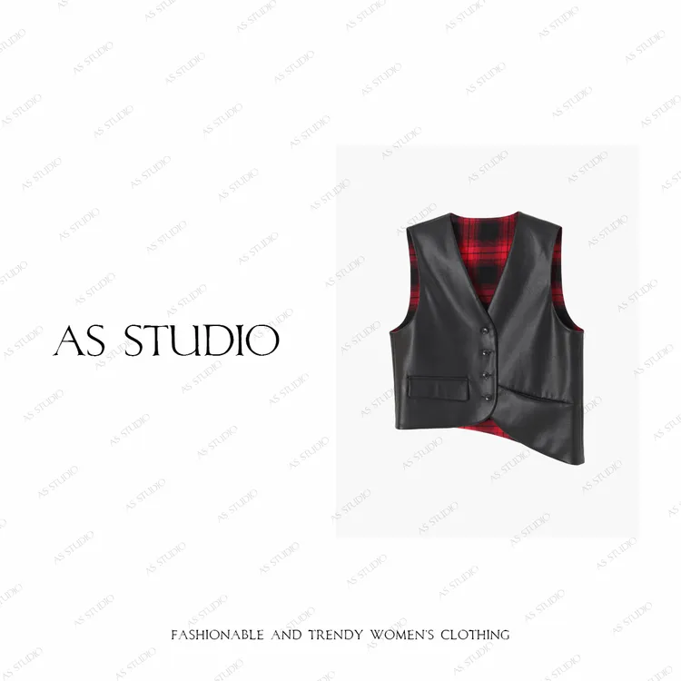 【AS格调】25新原创定制双面穿不规则格纹拼接皮马甲AS25QMJ03401 