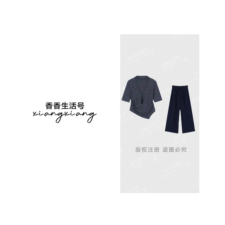 【香香严选】”轻触“莱赛尔条纹短袖+阔腿裤两件套女82573#【送吊坠】