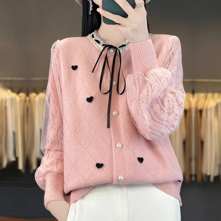 胖mm春秋大码女士毛衣2025新款洋气内搭针织打底衫蕾丝开衫短外套