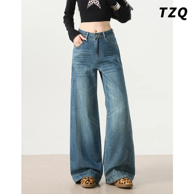 复古蓝高腰阔腿牛仔裤女2025秋季新款高腰宽松显瘦遮肉垂感拖地裤
