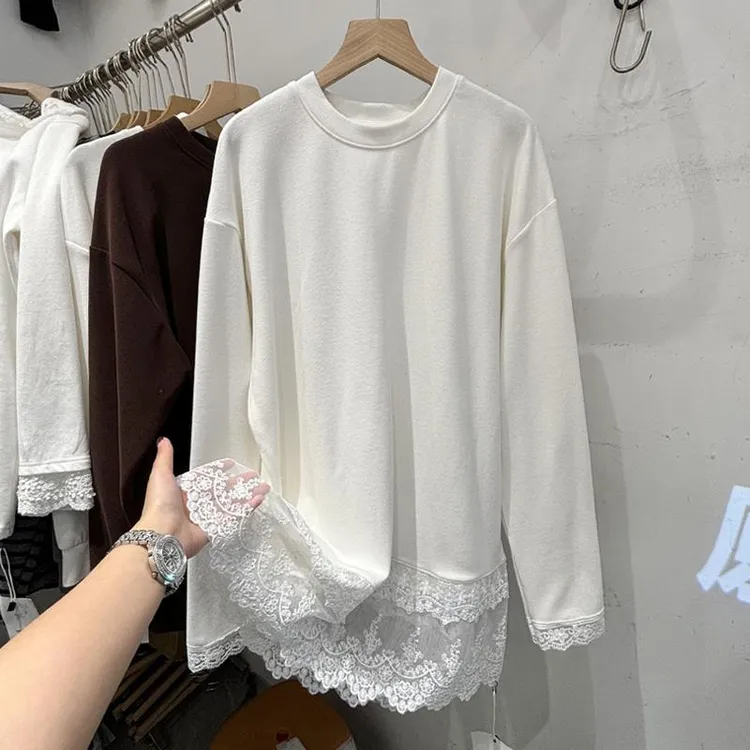 【现货+运费险】欧货白色长袖t恤女蕾丝冬女新款加绒中长内搭打底衫