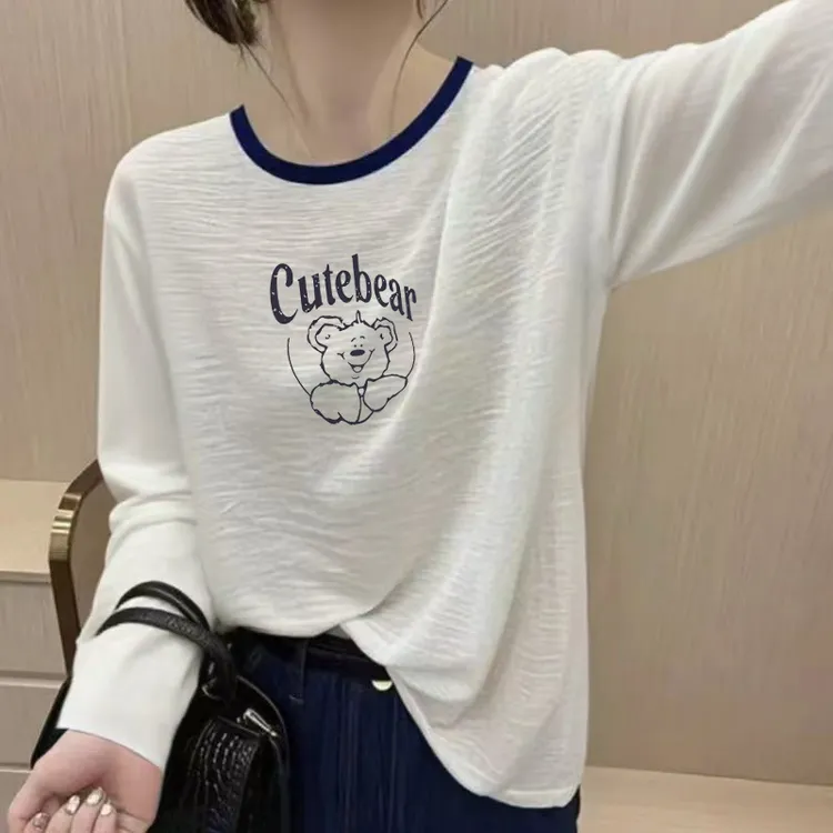 大码竹节纯棉长袖女2025春秋新款宽松显瘦遮肚休闲简约女装上衣