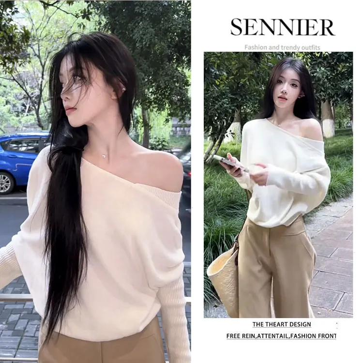 早秋温柔系穿搭女2025新款韩版时尚斜肩针织衫高腰阔腿裤两件套装