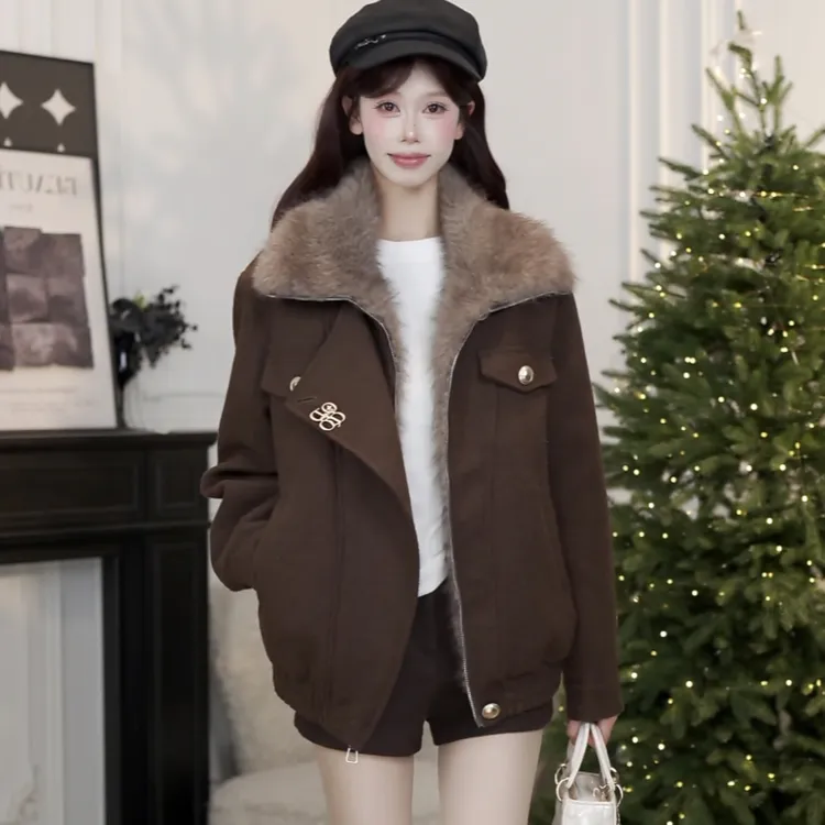 小小仟 90鸭绒复古美拉德翻毛领咖色毛呢外套加厚保暖高级感夹克