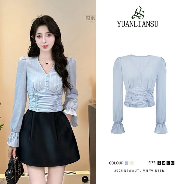 YUANLIANSU/圆脸酥【梦如海月】法式设计感褶皱抽绳V领显瘦衬衫女