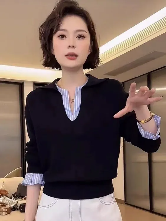 慵懒风条纹长袖上衣女装2025秋季新款设计感时尚气质假两件针织衫