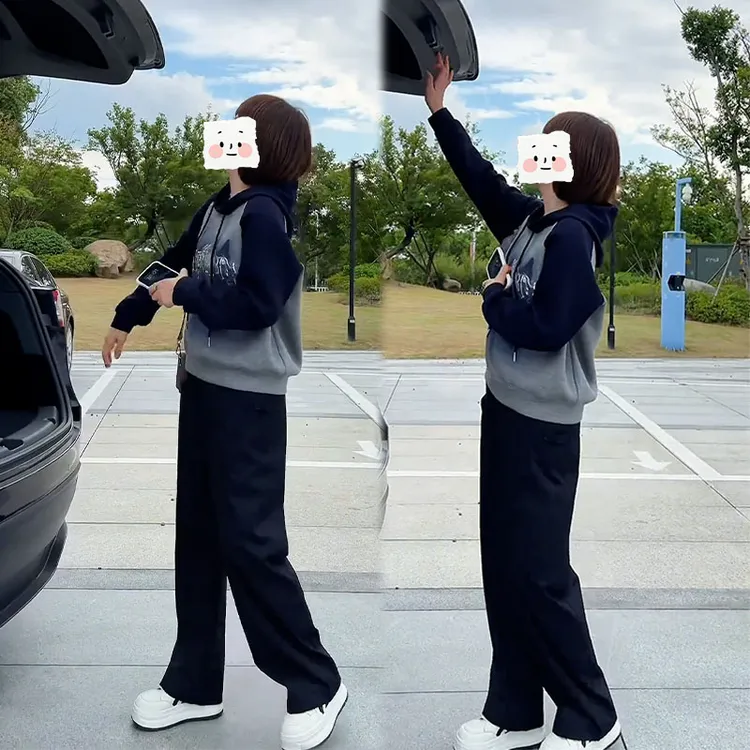 2025秋季新款设计感百搭减龄长袖连帽卫衣女搭配休闲阔腿裤两件套