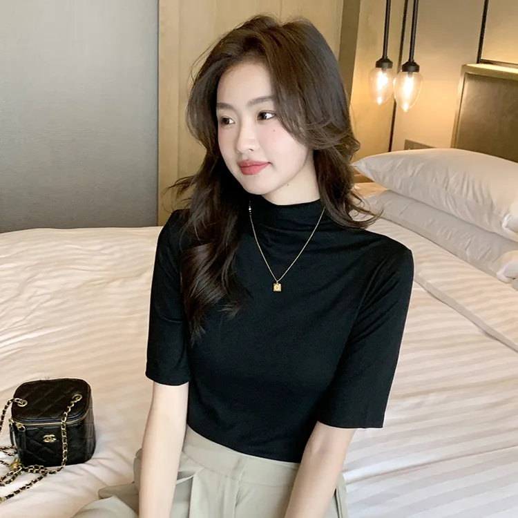 黑色中袖T恤女士款早秋修身正肩五分袖初秋紧身内搭半袖上衣t恤