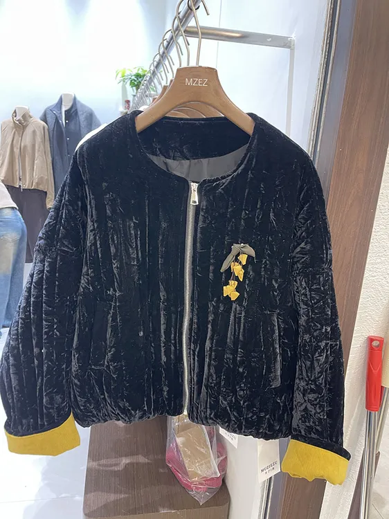 2025韩版新款女装秋冬宽松时尚棉服短款上衣女袖口撞色夹棉外套