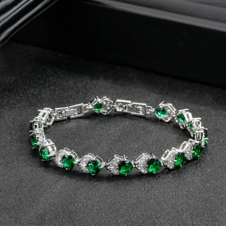 铜合金合成锆石手链 铜合金合成立方氧化锆百搭简约绿色手链7011