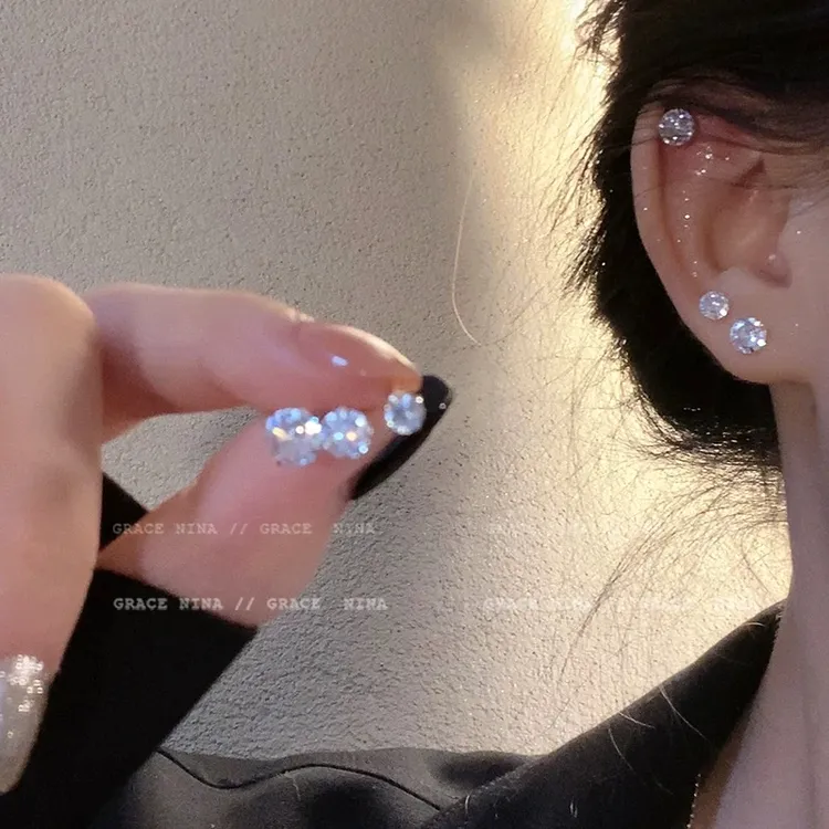 铜合金合成锆石耳饰 养耳洞耳钉六件套睡觉免摘耳饰高级感耳骨钉