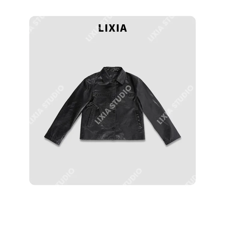 LIXIA【黑珍珠】极简风设计师款牛皮油蜡通勤时髦皮外套-D9270