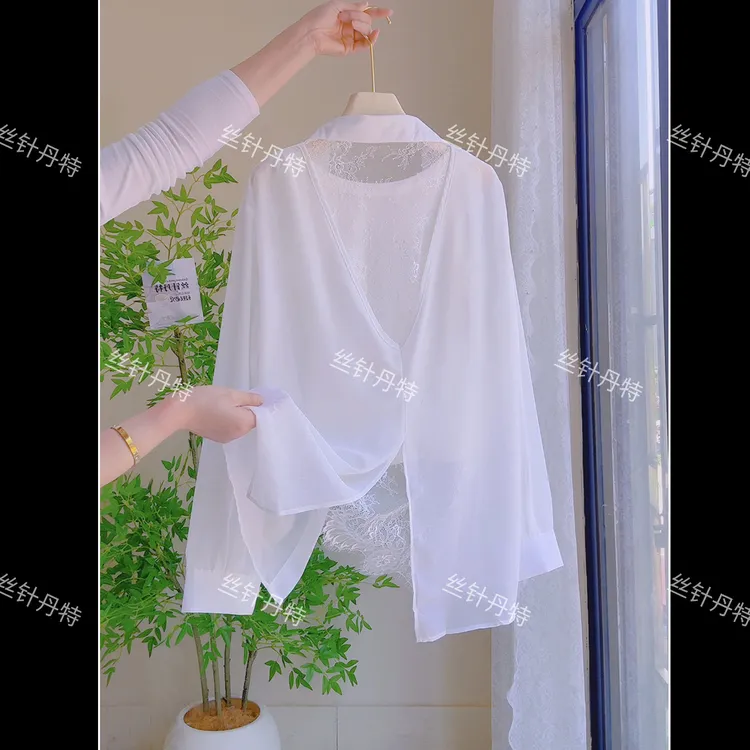 G835韩版夏季时尚蕾丝拼接后背镂空翻领衬衫雪纺防晒衫女薄