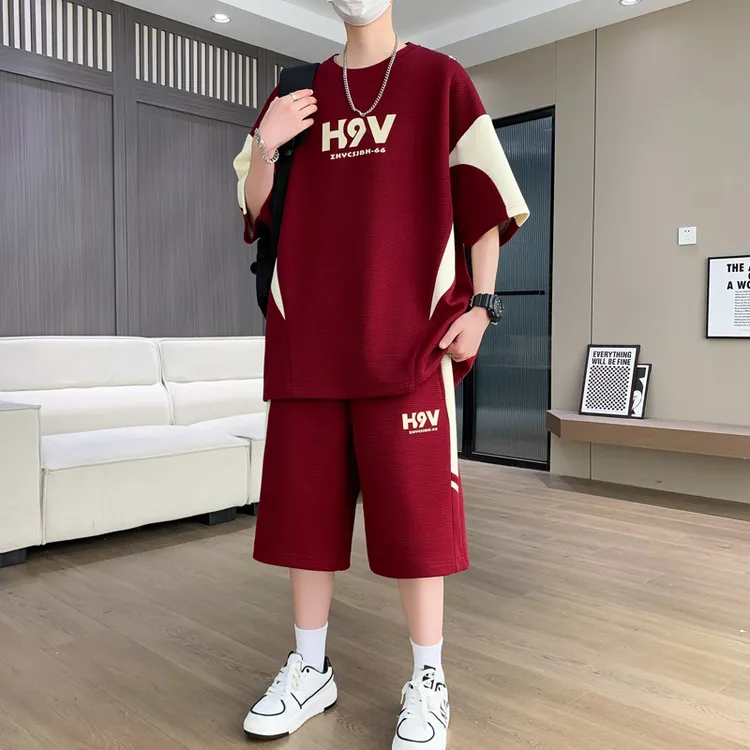 新款青少年休闲套装男夏季薄款宽松直筒短裤拼接T恤不起球字母韩