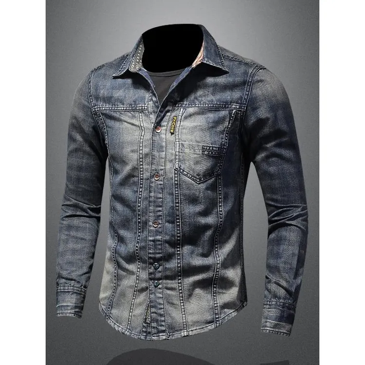 覆古牛仔衬衣男春秋季新款韩版修身水洗弹力长袖衬衫潮