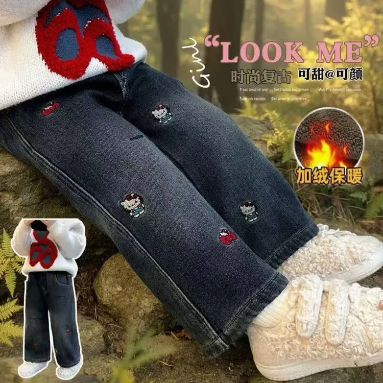 儿童加绒裤子2025新款女孩时髦刺绣一体绒直筒裤女童保暖牛仔裤外