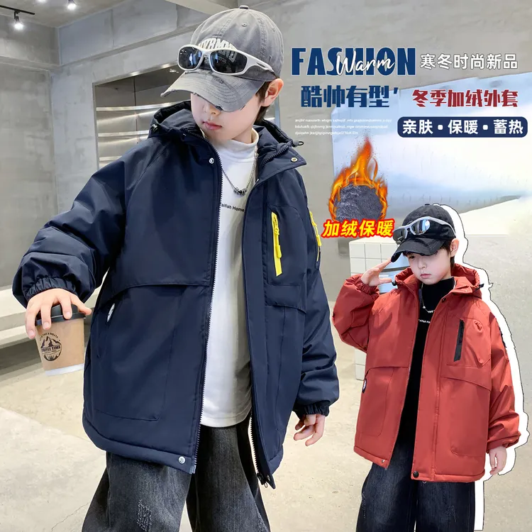 男童冬装加绒外套兔毛加厚6-15岁中大童冲锋衣冬季保暖男孩派克服