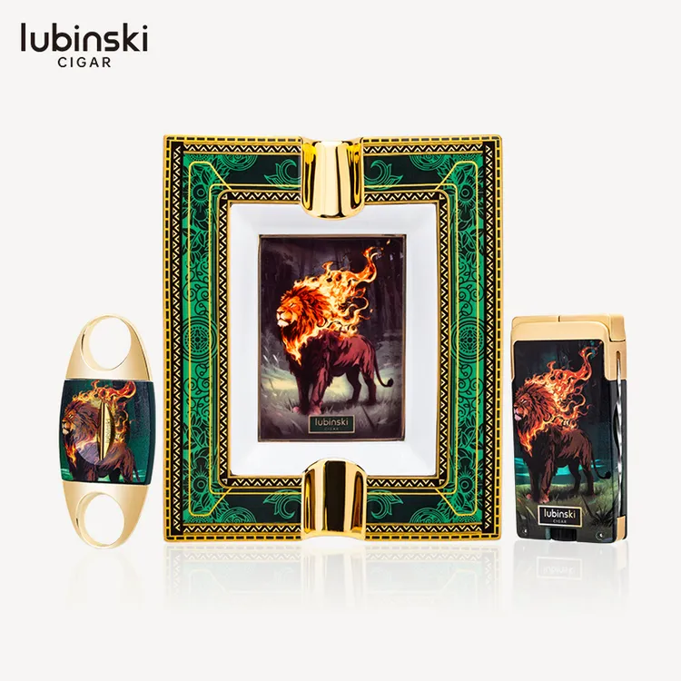 LUBINSKI鲁宾斯基火狮彩绘三件套礼盒套装雪茄剪打火机烟灰缸