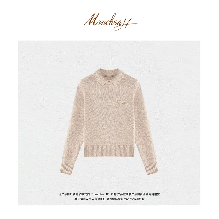曼辰manchenh"岁月静好"重磅康赛妮山羊绒夹花纱7针翻领针织衫
