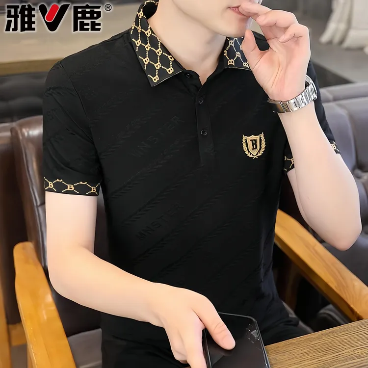 V/雅鹿夏季新款男士时尚POLO衫轻奢高端商务休闲短袖修身翻领T恤 