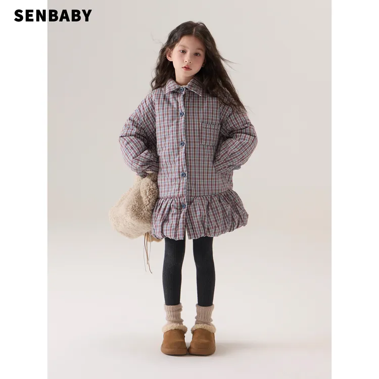 senbaby童装女童加厚衬衫裙2025冬季保暖长袖格子衬衫棉袄裙