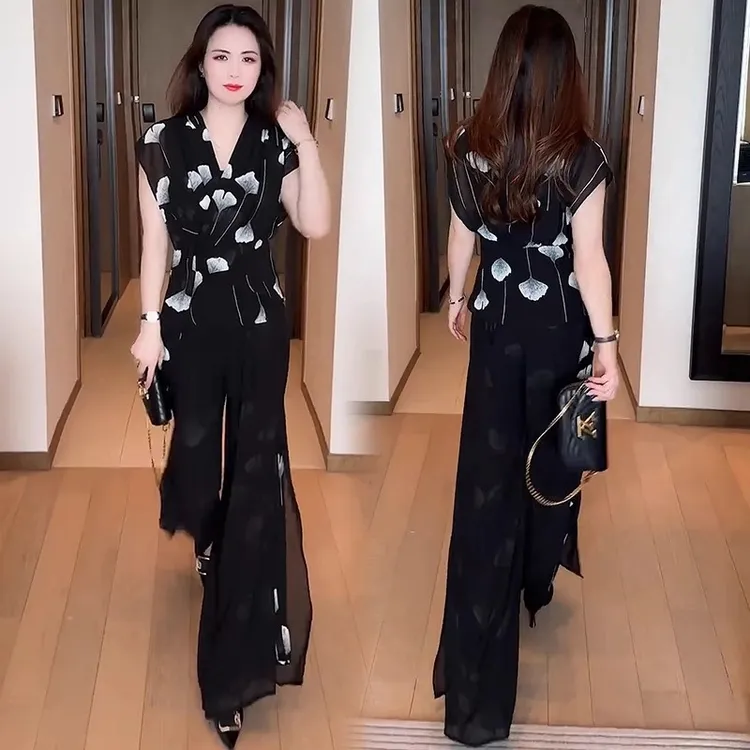 【现货】时尚雪纺套装女2025夏季新款洋气显瘦短袖阔腿裤减龄两件套