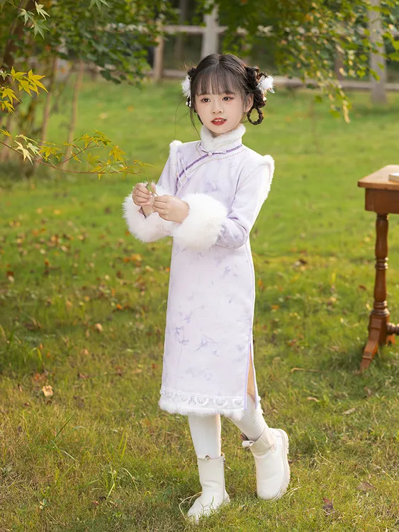 女童紫色旗袍民国风冬季加绒长袖新中式儿童拜年服公主裙日常可穿