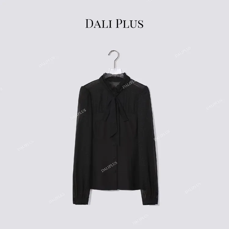 DALI PLUS“黑闪闪抹胸衬衫”木耳边系带拼接长袖衬衫-D5ST1457