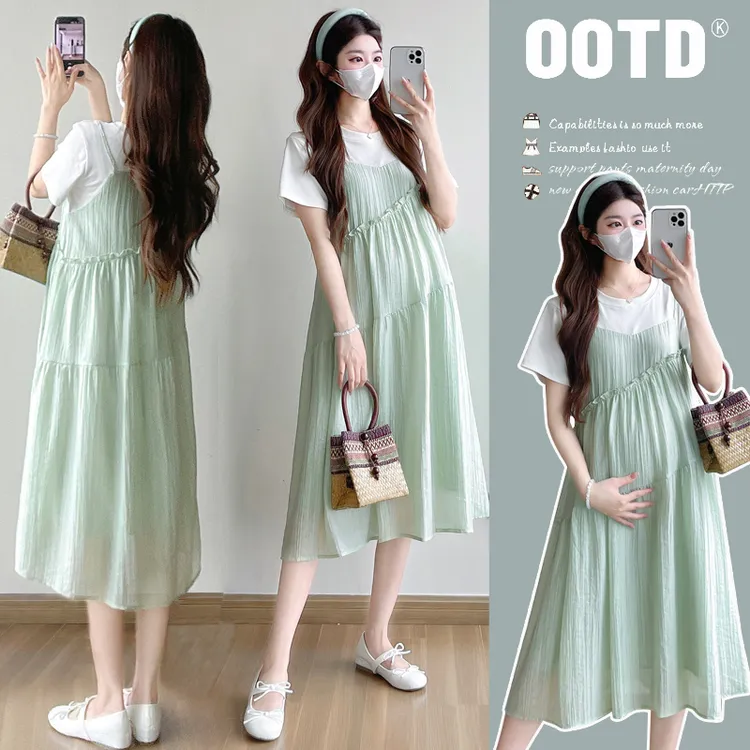 孕妇2025夏季新款法式时尚韩版T恤拼接假两件小清新孕妇连衣裙