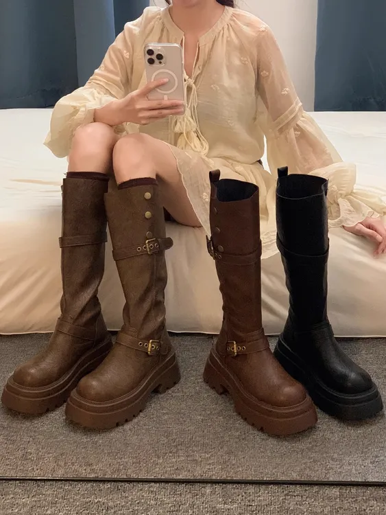 2025年秋冬季新款小个子粗腿长筒靴骑士靴黑色厚底高筒靴子长靴女